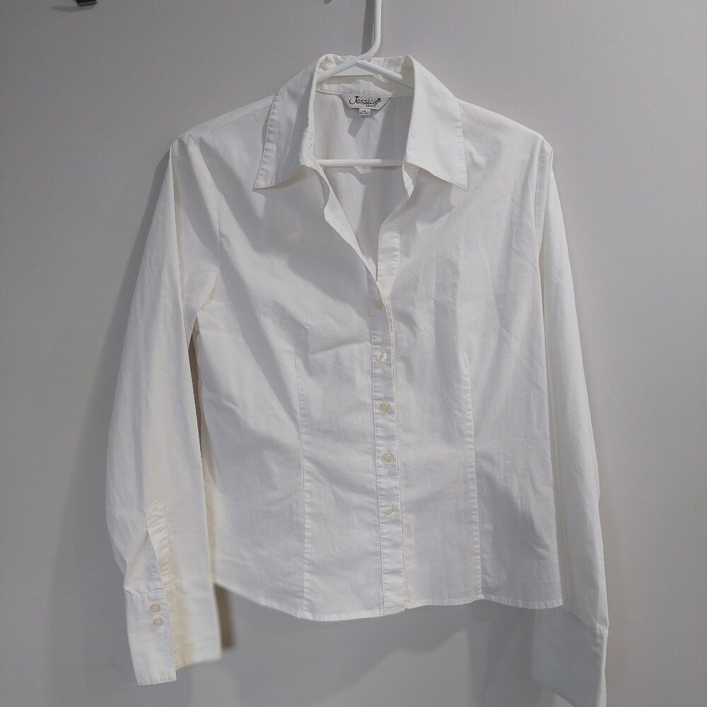 Jessica Sports Women's Size M(10-12) White Cotton Stretchy Shirt Long Sleeve